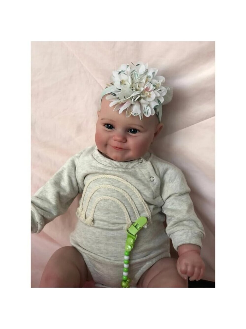🆕 Terabithia Reborn Baby Doll Grey Sweet Smile Silicone Vinyl Headband Flower